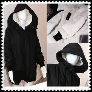 Faux Fur Lining Black Anorak Utility Jacket Coat